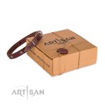 Einzigartiges Nieten-Halsband aus braunem Leder mit Schädel und Blumen Design_5