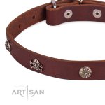 Einzigartiges Nieten-Halsband aus braunem Leder mit Schädel und Blumen Design_3