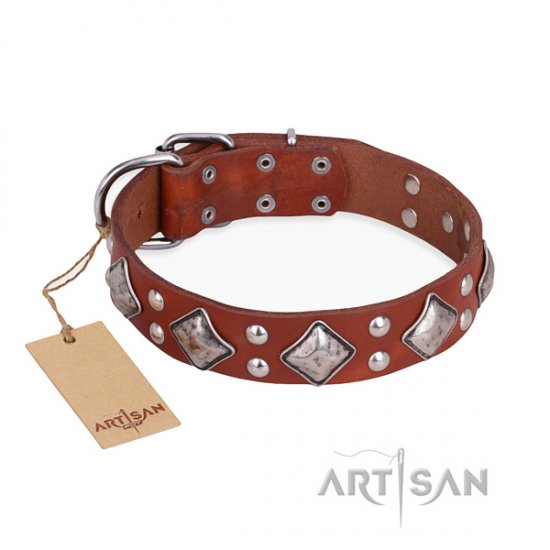 Leder Hundehalsband "Magic Squares" FDT Artisan, hell-braun