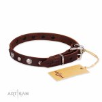 Braunes Lederhalsband mit Luxus Sternchen und Blumen Nieten_6