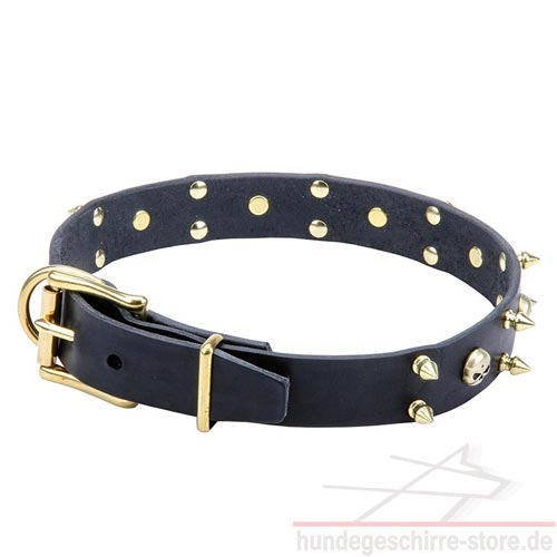 designer lederhalsband hund spikes und schädel