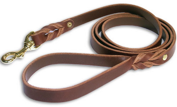 Handcrafted leather dog leash for walking and tracking with wattle handle and solid brass snap hook 