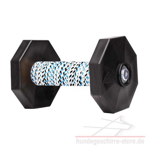 Apportierholz Hund mit schwarzen Scheiben und buntem Holz-Griff