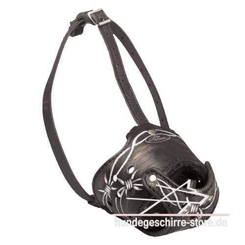 Maulkorb aus Leder mit bemalter Fläche