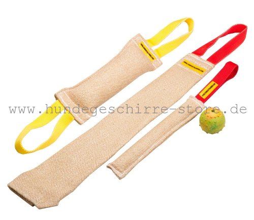 Beißwürste-Set aus 3 Beiß-Accessoires und einem Gummi-Ball Beißwürste-Set aus 3 Beiß-Accessoires und einem Gummi-Ball