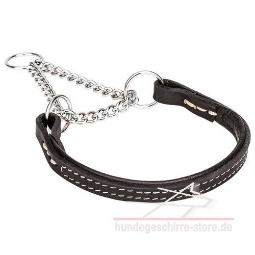 Hundehalsband Leder mit Stahl-Kette, praktisch