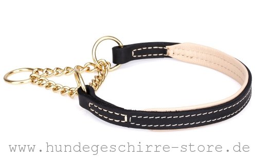 Hundehalsband aus Leder mit goldfarbiger Stahl-Kette