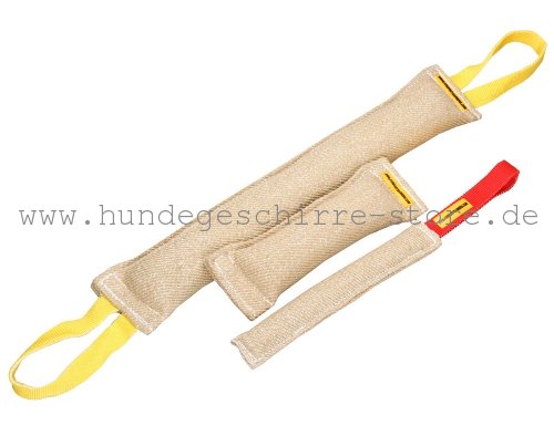 Drei Beißzubehöre aus Jute - Beißkissen und zwei Beißwürste Drei Beißzubehöre aus Jute - Beißkissen und zwei Beißwürste